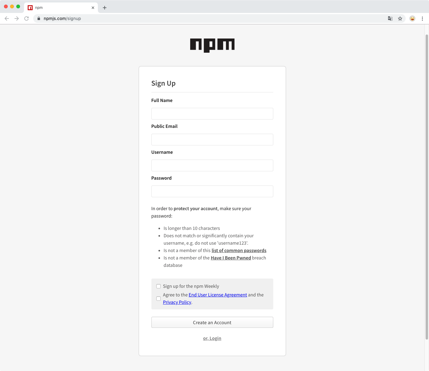 npm signup